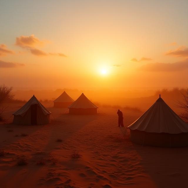 Nomadisches Wüstencamp bei Sonnenuntergang
